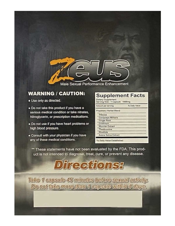 Zeus Male Supplement 1 Pill Pack ALT1 view Color: NC