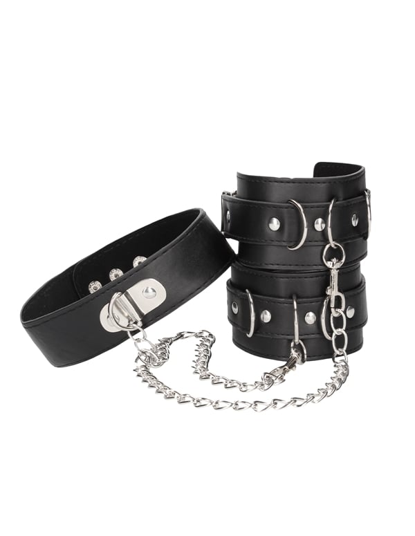 Black & White Leather Collar And Cuffs ALT2 view Color: BK