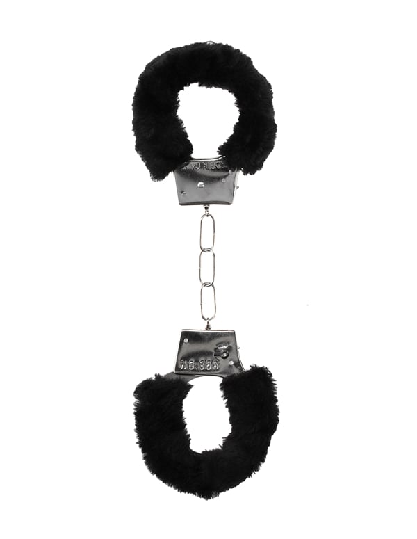 Black & White Furry Hand Cuffs With Quick Release ALT3 view Color: BK