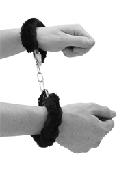 Alternate back view of BLACK & WHITE FURRY HAND CUFFS WITH QUICK RELEASE