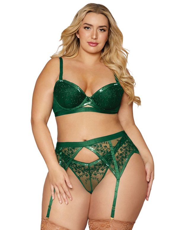 Trimmed In Tinsel 3Pc Plus Size Bra And Garter Set default view Color: EVG