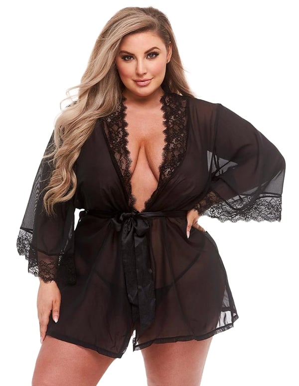 Sheer Chiffon And Lace Robe default view Color: BK