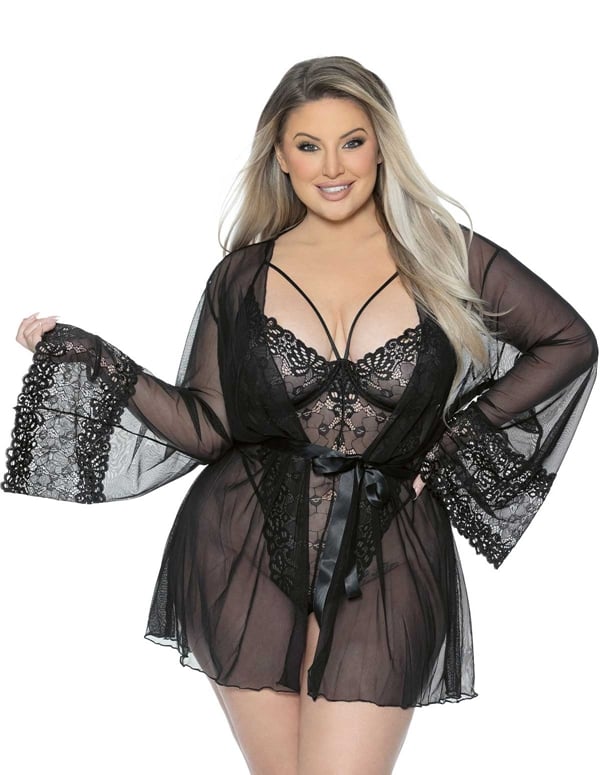 Aster Lace Cuff And Mesh Plus Size Robe default view Color: BK