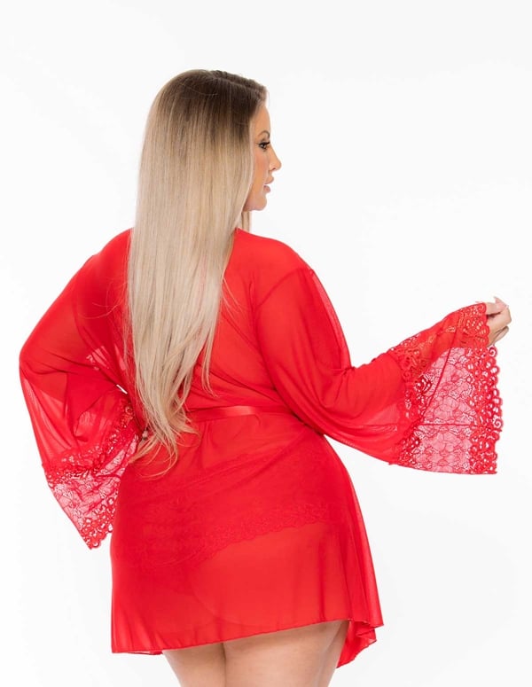 Aster Lace Cuff And Mesh Plus Size Robe ALT1 view Color: RD