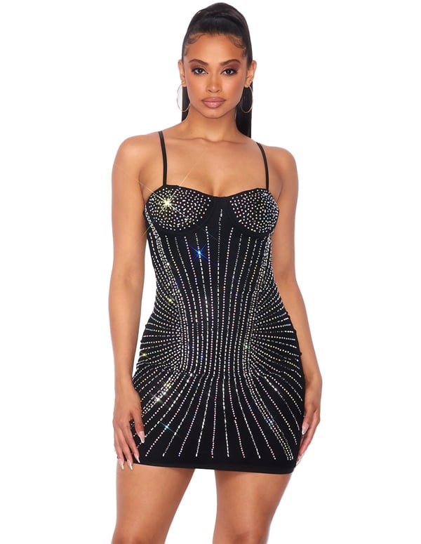 Rhinestone Cupped Bodycon Dress default view Color: BK