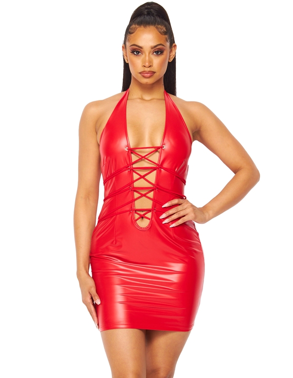 Wet Look Lace Up Plunge Dress Hdd29232 Red 04219 Lovers Lane