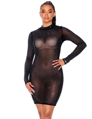 Additional  view of product RHINESTONE SHEER MESH LONG SLEEVED DRESS with color code BK