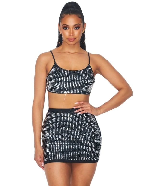 Rhinestone Cami Top And Skirt default view Color: BK