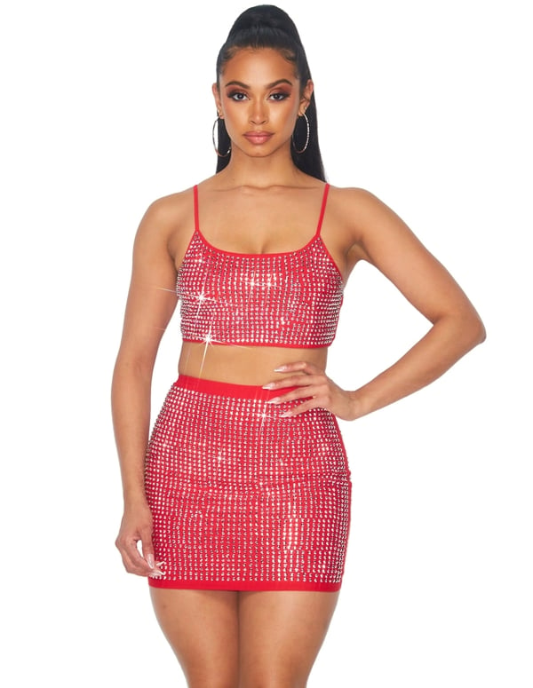 Rhinestone Cami Top And Skirt default view Color: RD