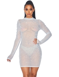 Additional  view of product COSMIC RHINESTONE MESH LONG SLEEVE DRESS with color code WH