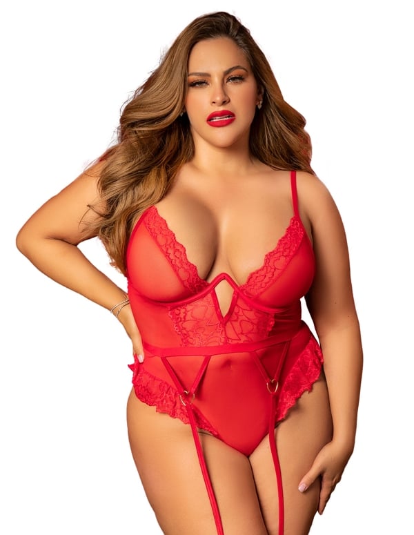 Sweetheart Gartered Plus Size Teddy default view Color: RD