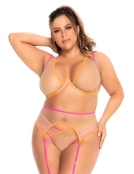 Front view of ELECTRIC 3PC PLUS SIZE BRA AND GARTER SET