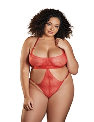 Front view of CARRIE LACE CUT-OUT RED PLUS SIZE TEDDY