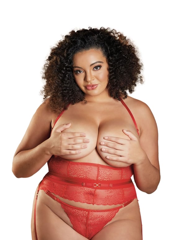 Desiree Red Plus Underbust Top With Garters And G-String default view Color: RD