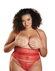 Front view of DESIREE RED PLUS UNDERBUST TOP WITH GARTERS AND G-STRING