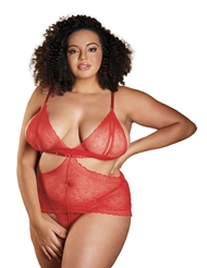 Front view of ROSIE LACE PEEK-A-BOO RED PLUS SIZE CHEMISE
