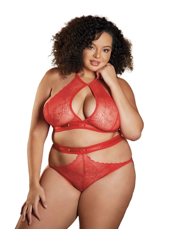Maisie Red Plus Size Halter Top And Backless Panty Set default view Color: RD