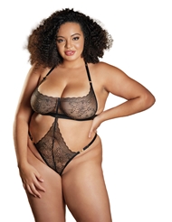 Front view of CARRIE LACE CUT-OUT BLACK PLUS SIZE TEDDY