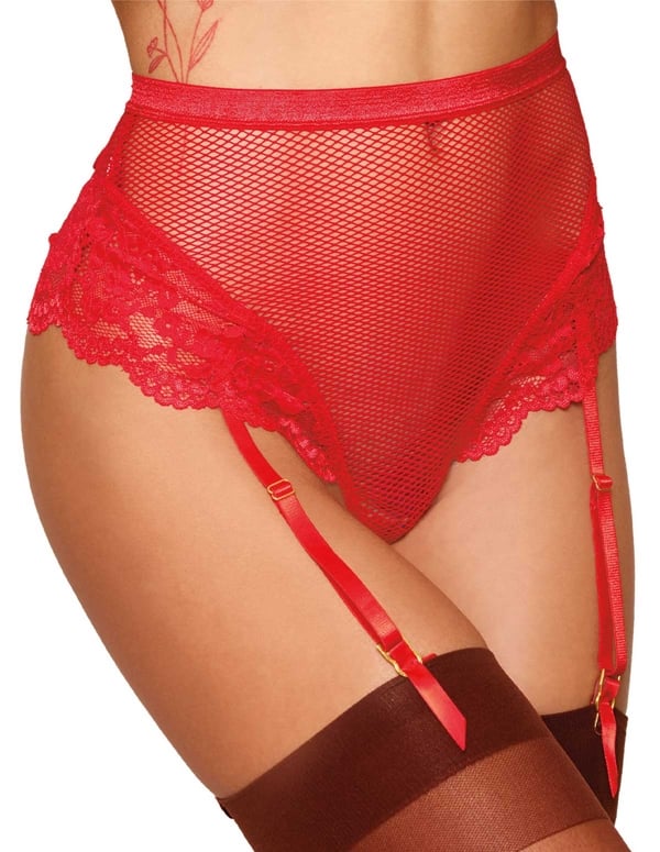 High Waisted Net And Lace Thong With Garters ALT2 view Color: RU