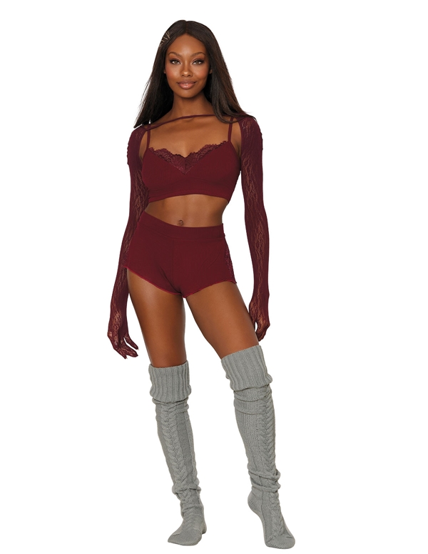 Rib Knit Bralette And High Waisted Short Set ALT2 view Color: BRG