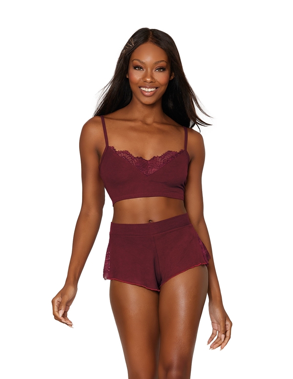Rib Knit Bralette And High Waisted Short Set default view Color: BRG