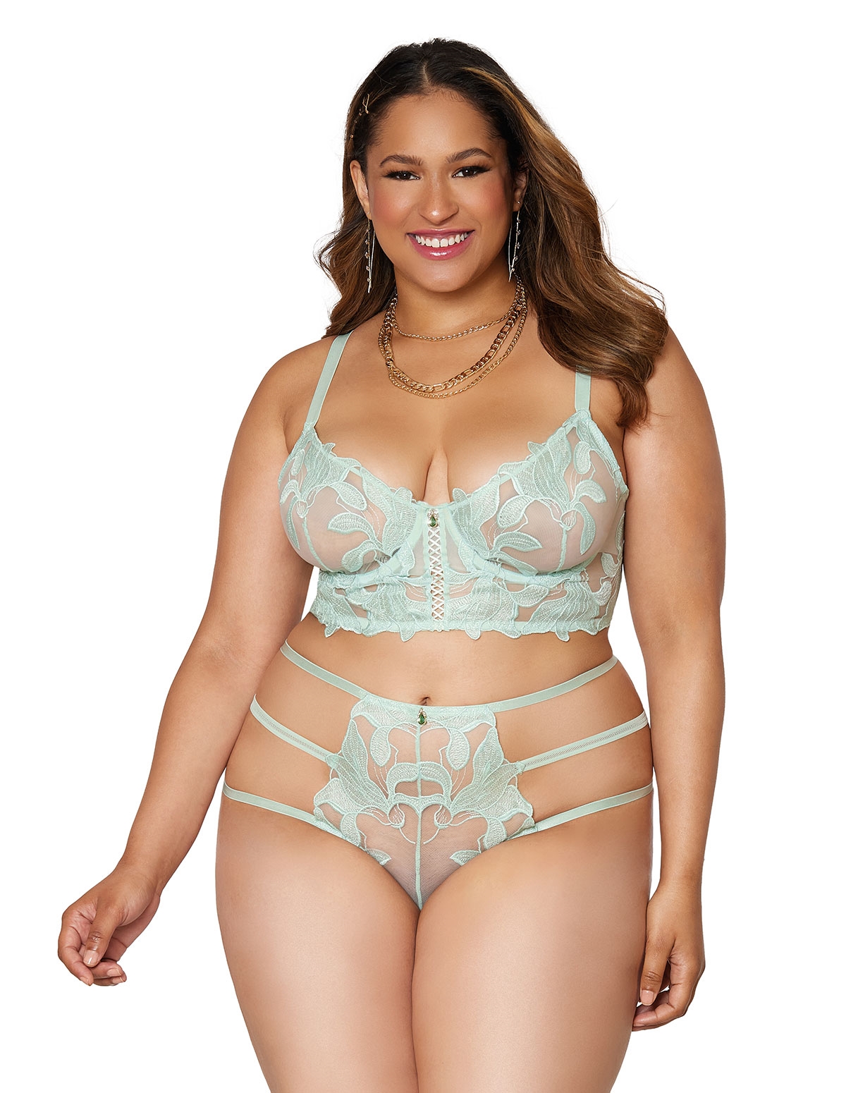 alternate image for Floral Embroidered Plus Size Long Line Bra And G-String Set