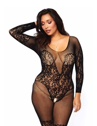 Front view of LONG SLEEVE VINE LACE BODYSTOCKING