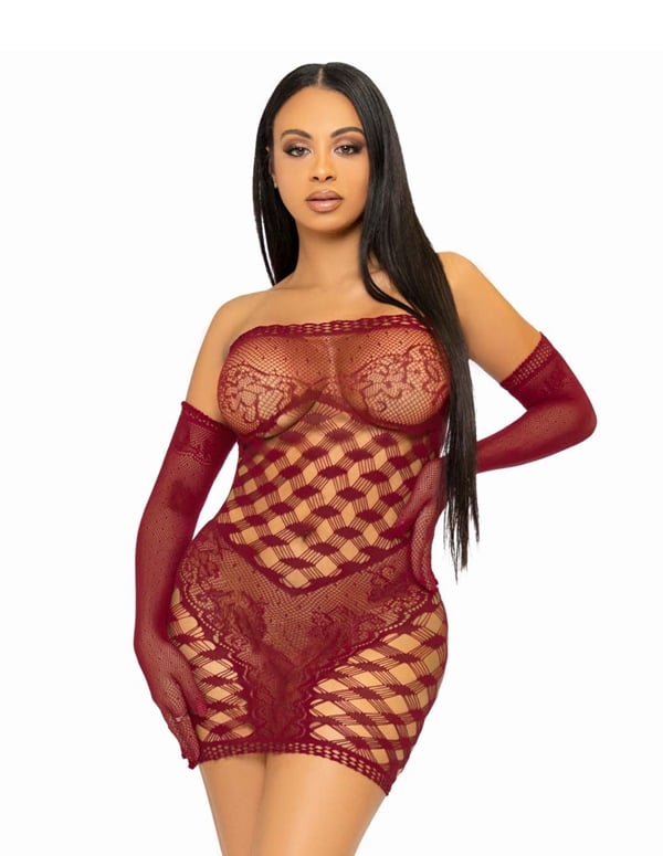 2Pc Net Tube Dress With Lace Accent And Gloves default view Color: BRG