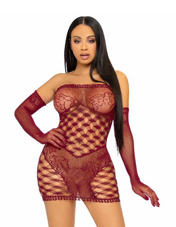2Pc Net Tube Dress With Lace Accent And Gloves ALT2 view Color: BRG