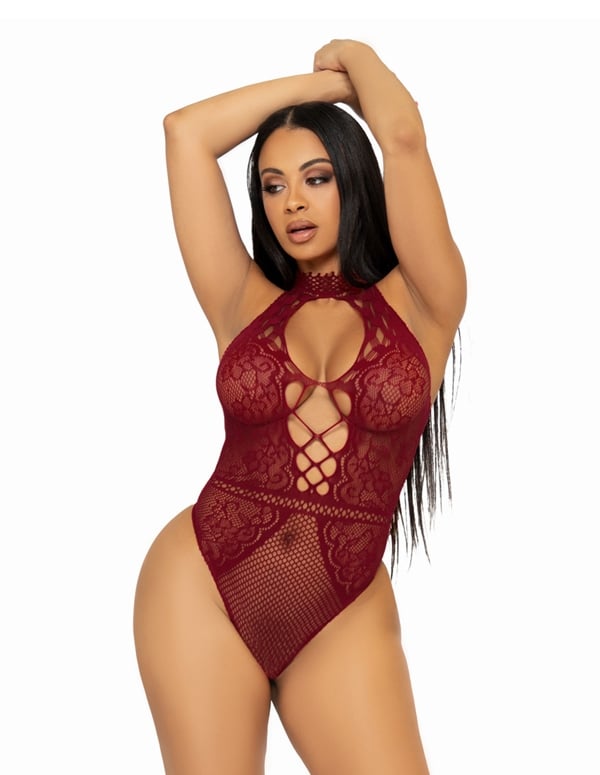 Net And Lace Keyhole Halter Teddy default view Color: BRG