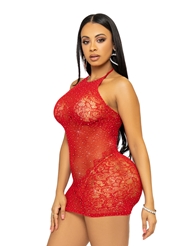 Additional  view of product RHINESTONE LACE AND NET HALTER MINI DRESS with color code RD