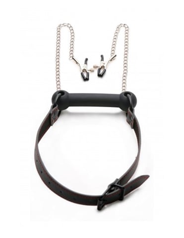 STRICT SILICONE BIT GAG WITH NIPPLE CLAMPS - AF651-03151