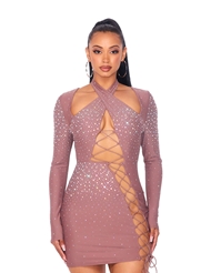 Front view of LACE UP RHINESTONE BODYCON DRESS
