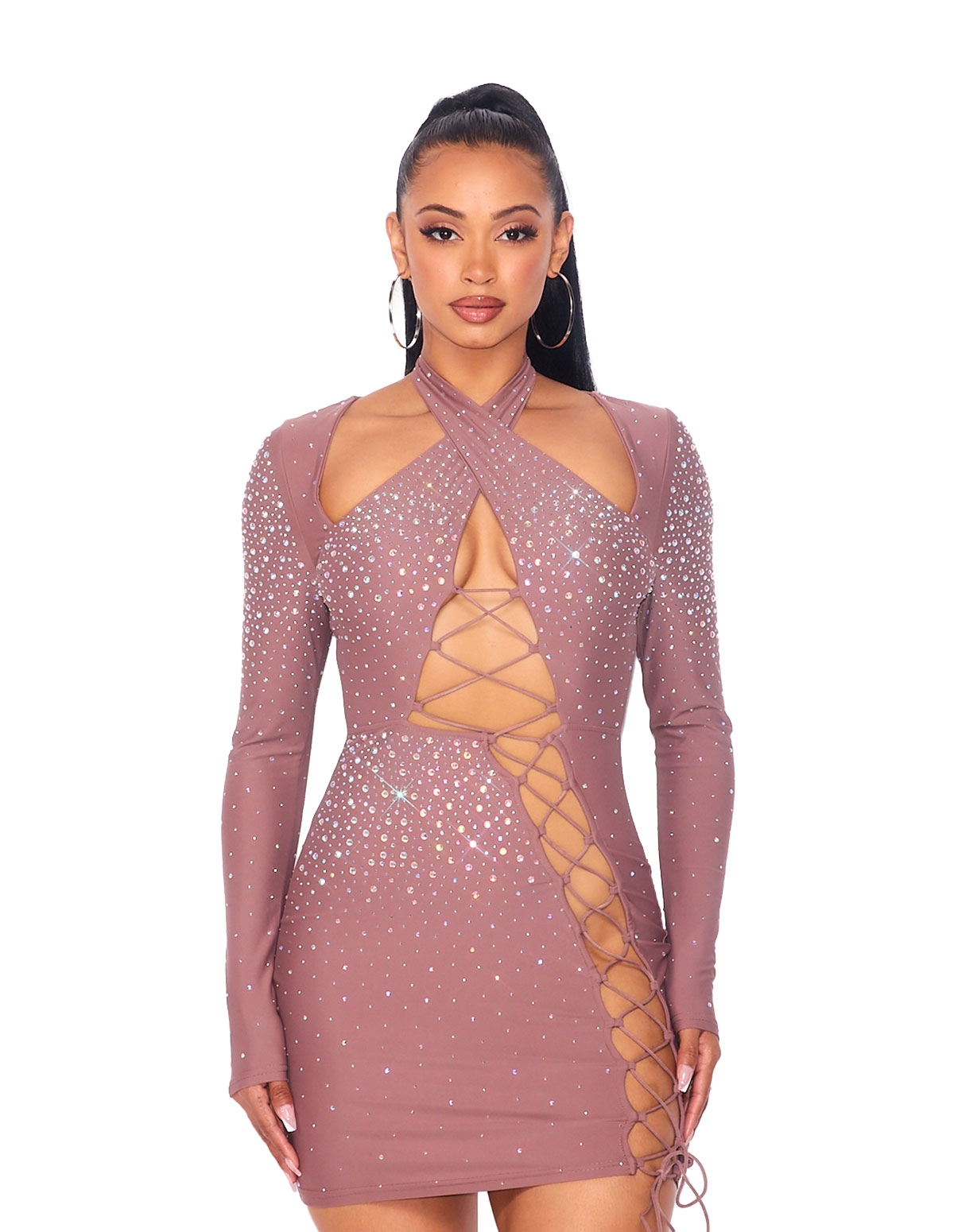 alternate image for Lace Up Rhinestone Bodycon Dress