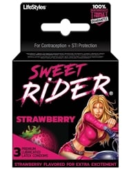 Front view of SWEET RIDER STRAWBERRY CONDOMS 3PK