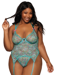 Front view of DITSY FLORAL LACE PLUS SIZE BUSTIER AND G-STRING