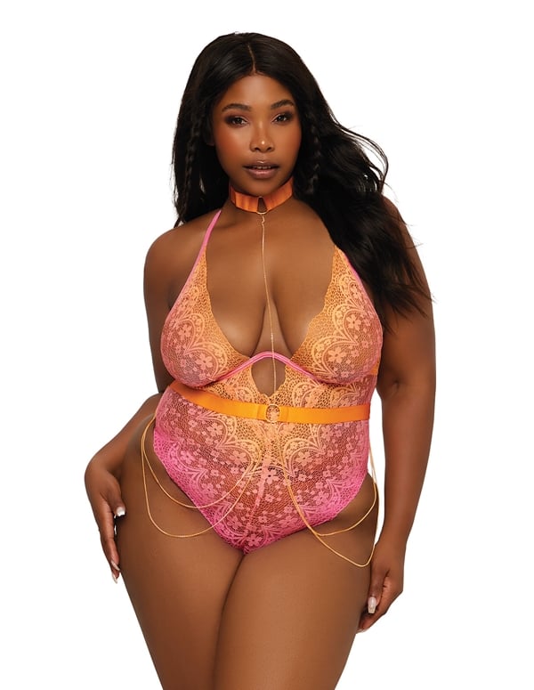 Ombre Lace Plus Size Teddy With Chain Harness default view Color: HPO