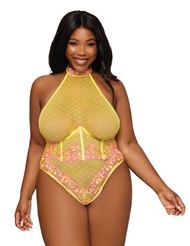 Front view of EMBROIDERY MESH PLUS SIZE TEDDY AND OPEN CUP BUSTIER
