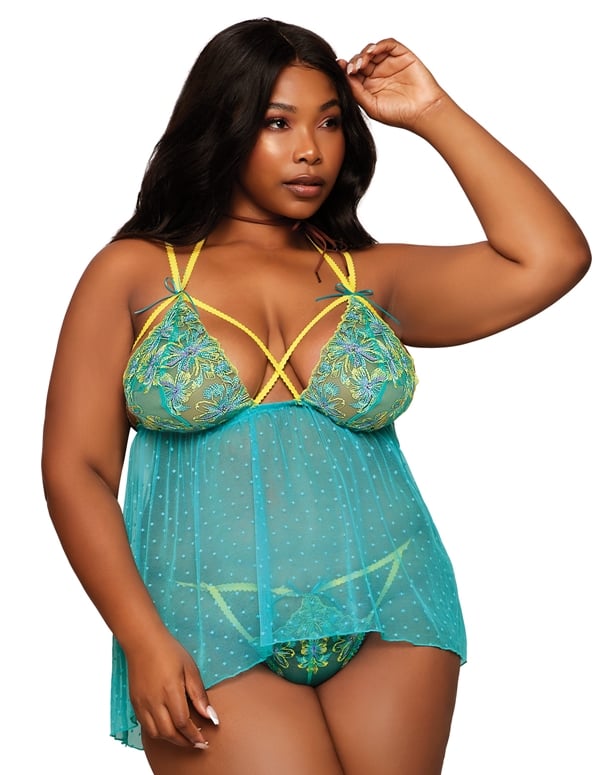 Embroidery Mesh Plus Size Babydoll And Thong default view Color: BL