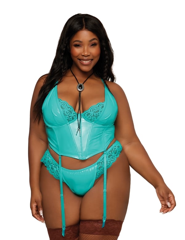 Vinyl And Lace Plus Size Bustier With G String default view Color: BL