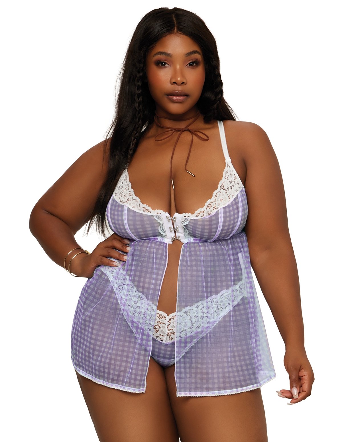 alternate image for Gingham Mesh Plus Size Babydoll And Panty Set