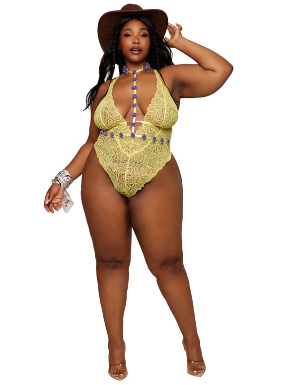 Marigold Lace Plus Size Teddy With Floral Harness ALT2 view Color: YW