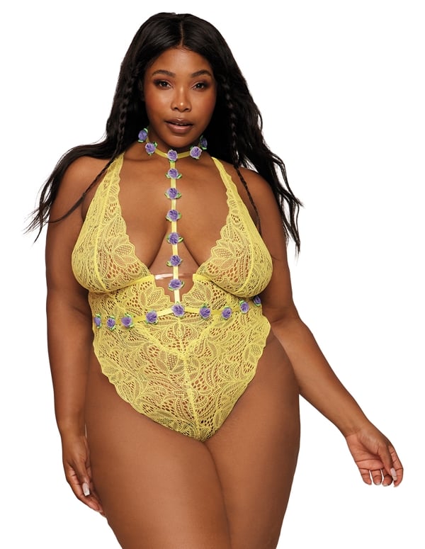 Marigold Lace Plus Size Teddy With Floral Harness default view Color: YW