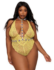Front view of MARIGOLD LACE PLUS SIZE TEDDY WITH FLORAL HARNESS