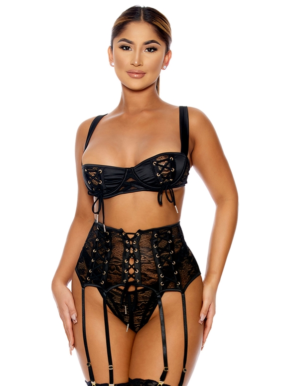 Cinch Me In 3Pc Bra And Garter Set default view Color: BK