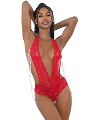 Front view of CASCADING PEARL BACK RED TEDDY