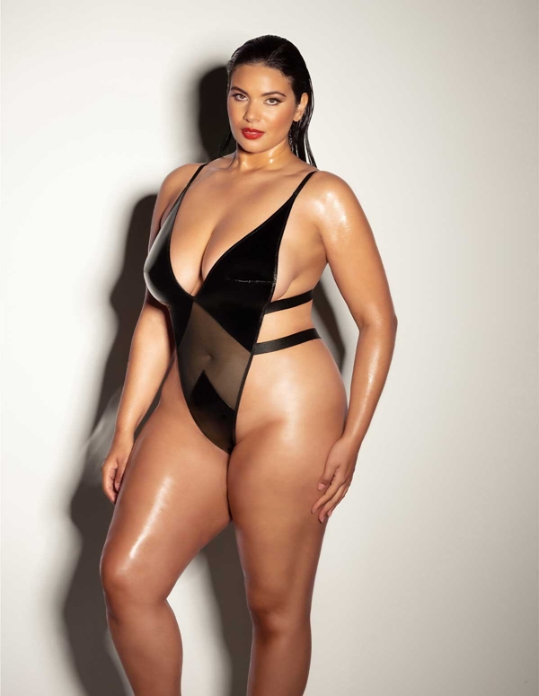 LIMITLESS HIGH LEG PLUS SIZE VINYL TEDDY ALT3 view Color: BK