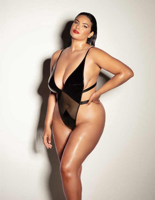 LIMITLESS HIGH LEG PLUS SIZE VINYL TEDDY ALT4 view Color: BK