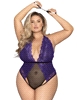 Additional PURPLE/BLACK view of product HALTER PLUS SIZE TEDDY WITH CAGED BACK AND RESTRAINTS with color code PB
