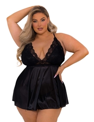 Front view of SATIN AND LACE PLUS SIZE BLACK BABYDOLL